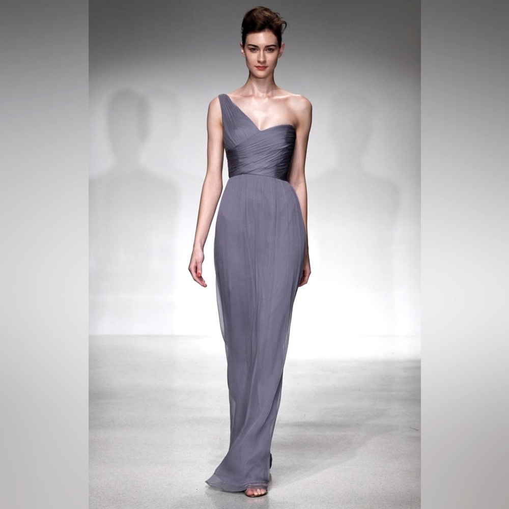 Amsale sz 4 100% silk smoky grey purple crinkled bridesmaid dress one shoulder